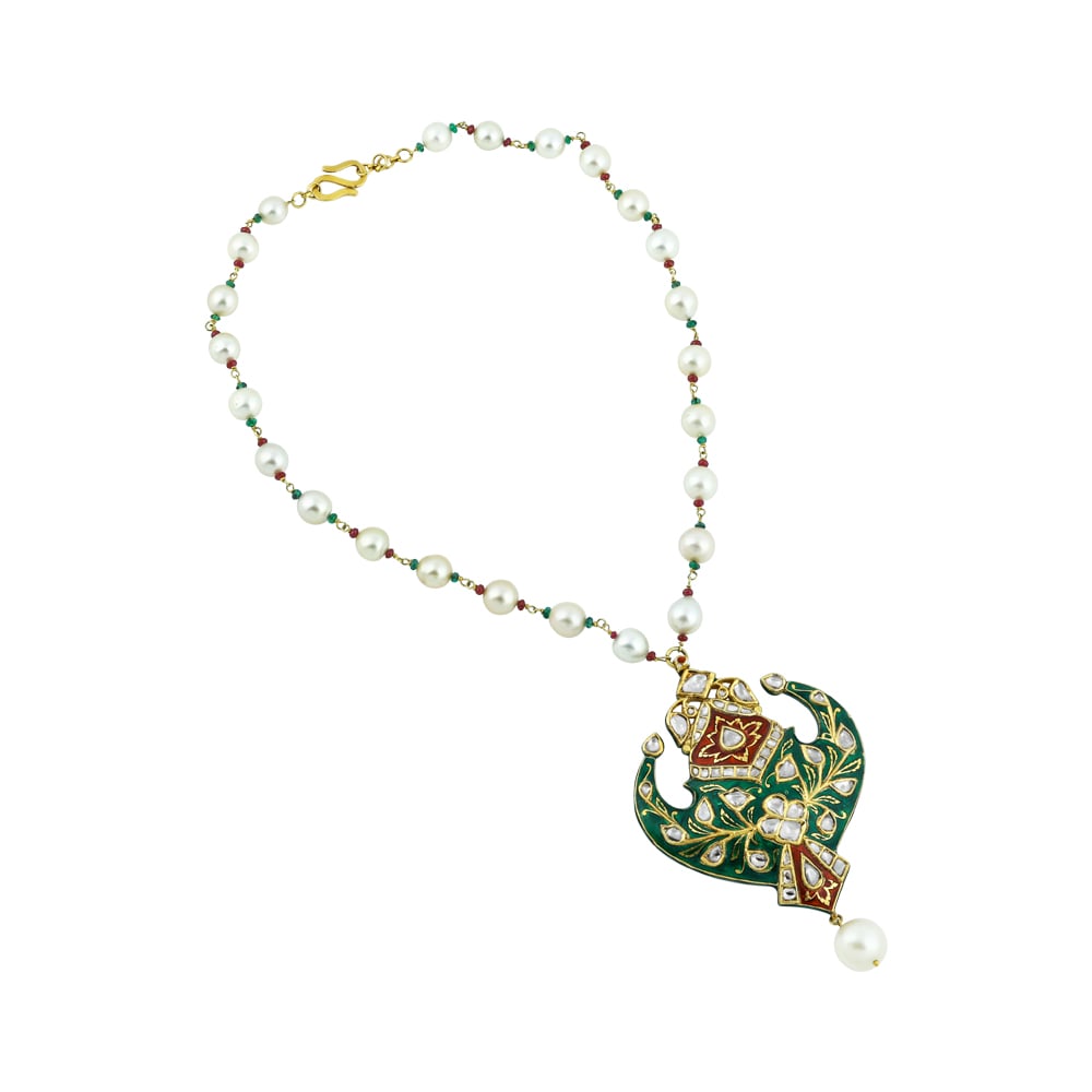Pearl Necklace with Green-Red Enamel Pendant